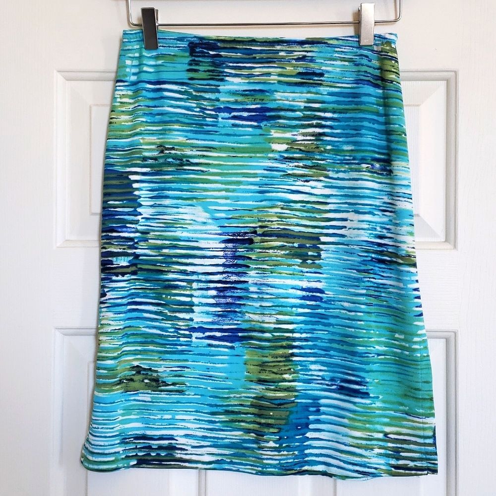 Vintage La Belle 90s Y2K Abstract Watercolor Skirt Blue Green Stretch - Picture 2 of 5